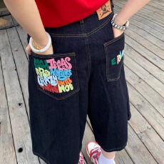 批发美式复古字母印花牛仔七分<b class='q'>裤</b>女夏季高街设计感宽松显瘦阔腿短<b class='q'>裤</b>潮