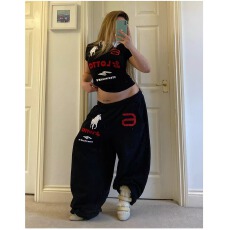 批发魔娃洛拉重磅天使战马刺绣束脚裤Baggy美式休闲运动卫裤