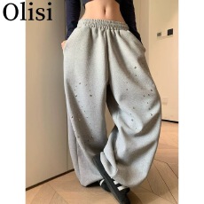 批发美式复古华夫格铆钉阔腿卫裤男女宽松休闲慵懒垂感直筒长裤