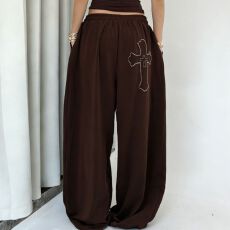 批发华棉复合ins网红复古慵懒烫钻字母阔腿垂感爵士跳舞<b class='q'>休闲裤</b>