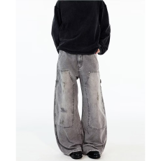 批发美式复古破坏做旧伐木裤牛仔裤女新款宽松阔腿弯刀工装裤拖地长裤