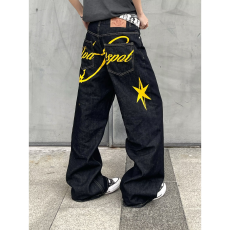 批发美式复古印花潮牌牛仔裤男女街头宽松慵懒风直筒阔腿长裤拖地裤子