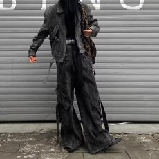 批发美式潮牌vibe街头拉链大口袋牛仔裤做旧复古设计感高街工装微喇叭