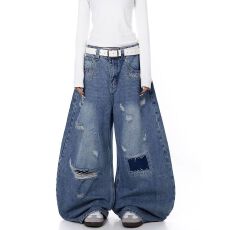 批发美式复古高街破洞补丁水洗弯刀牛仔裤男女春夏做旧设计感阔腿<b class='q'>长裤</b>