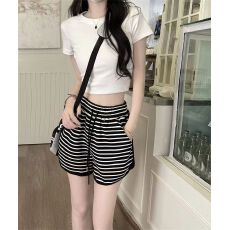 批发遛弯抽绳条纹休闲裤女2026夏季宽松阔腿裤显瘦<b class='q'>高腰</b><b class='q'>热裤</b>三分短裤子