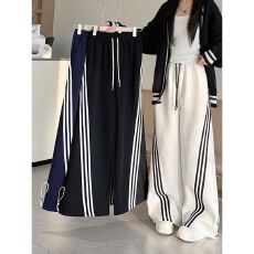 批发华棉复合】斜条纹黑色运动裤女秋季新款休闲宽松慵懒美式阔腿卫裤