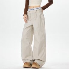 批发高质量水洗斜纹棉欧韩卡其色阔腿<b class='q'>牛仔</b>裤女高腰显瘦宽松梨形百搭休