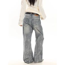 批发烫钻】设计感洗水浅蓝色牛仔裤女春秋夏季慵懒直筒阔腿裤长裤<b class='q'>情侣</b>