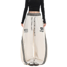 批发美式复古休闲格子拼接抽绳阔腿裤春秋<b class='q'>街头</b>运动风字母印花宽松裤