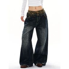 批发豹纹双腰头闪电纹牛仔裤男女美式水洗复古做旧直筒宽松阔腿裤<b class='q'>情侣</b>