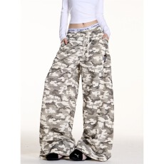 批发美式复古抽绳迷彩阔腿裤女春季新款宽松辣妹休闲直筒<b class='q'>长裤</b>