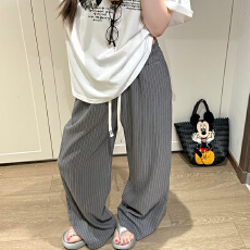 批发欧韩小众设计感印花<b class='q'>长裤</b>女夏季新款休闲条纹穿搭高腰垂坠感阔腿裤