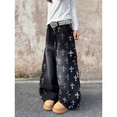 批发潮牌古致十字架印花黑色牛仔裤男女春秋休闲宽松阔腿弯刀长裤<b class='q'>情侣</b>