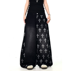 批发潮牌古致十字架印花黑色牛仔裤男女春秋休闲宽松阔腿弯刀长裤<b class='q'>情侣</b>