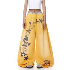 批发纯棉复牛奶丝】美式水洗渐变字母印花弯刀卫裤男<b class='q'>女</b>爵士舞阔腿裤<b class='q'>潮</b>