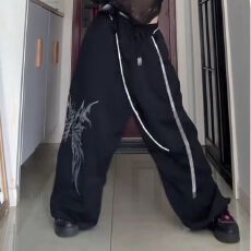 批发【纯棉复合+腰链】2026裤子<b class='q'>女</b>宽松直筒条纹褶皱伞兵冲锋裤春