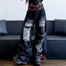 批发春季蓝邦高端破洞补丁<b class='q'>牛仔</b>裤女潮牌韩版修身直筒休闲百搭弹力裤子