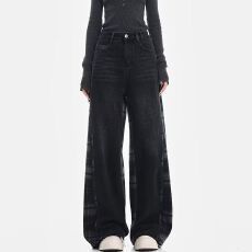 批发2026蓝邦春季美式格纹拼接<b class='q'>牛仔</b>裤复古男女宽松直筒小众阔腿长裤