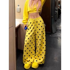 批发立体腰头-纯棉华棉-高质量黄色波点休闲裤春夏款宽松慵懒松弛感