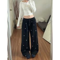 批发高质量华棉印花款美式复古十字满印松紧腰休闲新款裤子<b class='q'>女</b>