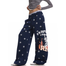 批发美式街头城市星星印花直筒休闲裤<b class='q'>女</b>宽松阔腿设计感百搭抽绳卫裤
