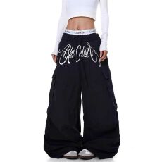 批发原版做法伞兵工装裤】刺绣褶皱多口袋<b class='q'>长裤</b>子男<b class='q'>女</b>潮牌弯刀阔腿裤<b class='q'>春</b>