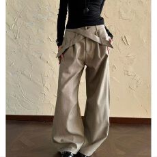 批发打褶条纹剑道腰带设计男<b class='q'>女</b>西裤宽松百搭弯刀休闲<b class='q'>长裤</b>新款