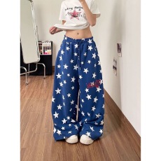 批发美式复古星星满印阔腿卫裤子蓝色宽松休闲百搭直筒跳舞拖地<b class='q'>长裤</b>潮