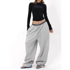 批发纯棉复合-拼色腰头拼接休闲卫裤秋季流行风格阔腿垂感抽绳<b class='q'>运动裤</b>