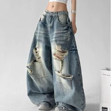 批发【竹节纹】水洗破洞牛仔裤女2026<b class='q'>春</b>夏宽松阔腿裤拖地长裤子
