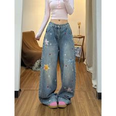 批发美式星星贴布阔腿牛仔裤女2026新款<b class='q'>春</b>夏小众宽松百搭拖地裤