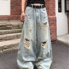 批发破洞潮人邦老爹<b class='q'>牛仔</b><b class='q'>裤</b>女薄2026年夏季新款高腰休闲宽松哈伦<b class='q'>裤</b><b class='q'>垮</b><b class='q'>裤</b>