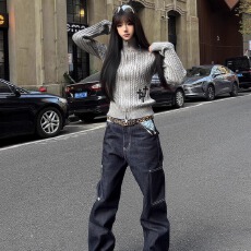 批发美式复古水洗拼接花布多口袋原色牛仔裤男女宽松休闲阔腿长裤子潮