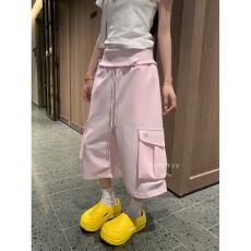 批发<b class='q'>原创</b>粉色高腰工装阔腿裤女新款夏季抽绳多口袋休闲七分裤