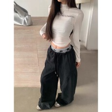 批发美式复古双腰头运动休闲卫裤<b class='q'>男</b>女宽松直筒阔腿长裤子女