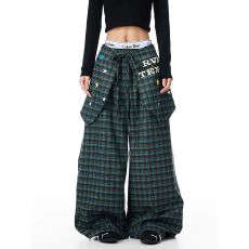 批发酷丝棉数码面料叠穿屁帘百搭格纹休闲裤<b class='q'>男</b>女宽松阔腿弯刀卫裤夏
