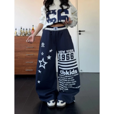 批发定织螺纹裤头 50%棉】字母五角星印花卫裤女<b class='q'>男</b>宽松休闲阔腿长裤夏