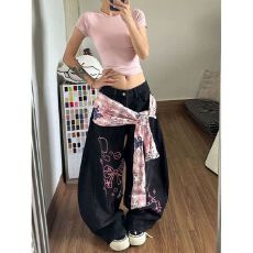 批发重工绑带涂鸦弯刀裤】字母沐森辣妹牛仔裤女<b class='q'>男</b>宽松街头风长裤情侣