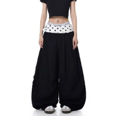 批发美式波点翻腰拼接撞色褶皱弯刀伞兵裤<b class='q'>男</b>女爵士舞阔腿裤