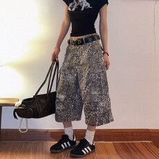 批发美式复古豹纹工装七分裤男<b class='q'>女</b>宽松直筒口袋设计短裤休闲裤