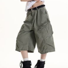 批发美式复古褶皱多口袋<b class='q'>七分裤</b><b class='q'>男</b>女夏季宽松休闲阔腿工装裤牛仔<b class='q'>短裤</b>潮