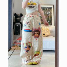 批发美式复古印花牛仔裤男女春秋夏裤子直筒阔腿宽松休闲情侣长裤