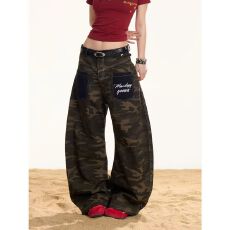 批发美式设计感迷彩裤男女春秋夏hiphop国<b class='q'>潮牌</b>直筒工装休闲裤