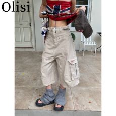 批发美式复古设计感七分裤女多口袋夏季街头百搭直筒<b class='q'>工装</b>短裤潮