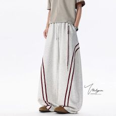 批发红色三条杠拼接休闲长裤<b class='q'>男</b>女春秋美式高街阔腿裤子垂坠感运动卫裤