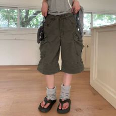 批发美式复古水洗做旧口袋工装<b class='q'>七分裤</b>女夏季宽松休闲阔腿短裤子