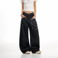 批发美式反口袋刺绣弯刀<b class='q'>牛仔裤</b>女2026春季新款高腰宽松直筒阔腿长裤子
