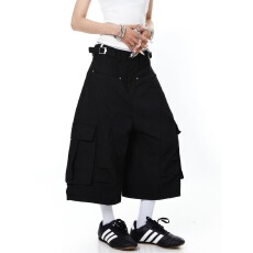 批发美式复古皱褶刺绣大口袋工装短裤男女街头宽松直筒<b class='q'>七分裤</b>