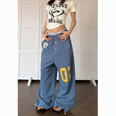 批发排扣装饰字母印花垂感卫裤男女美式设计感直筒休闲百搭阔腿裤
