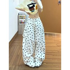批发米白色仙雅波点阔腿裤女薄款2026<b class='q'>夏</b>季新款宽松休闲直筒长裤